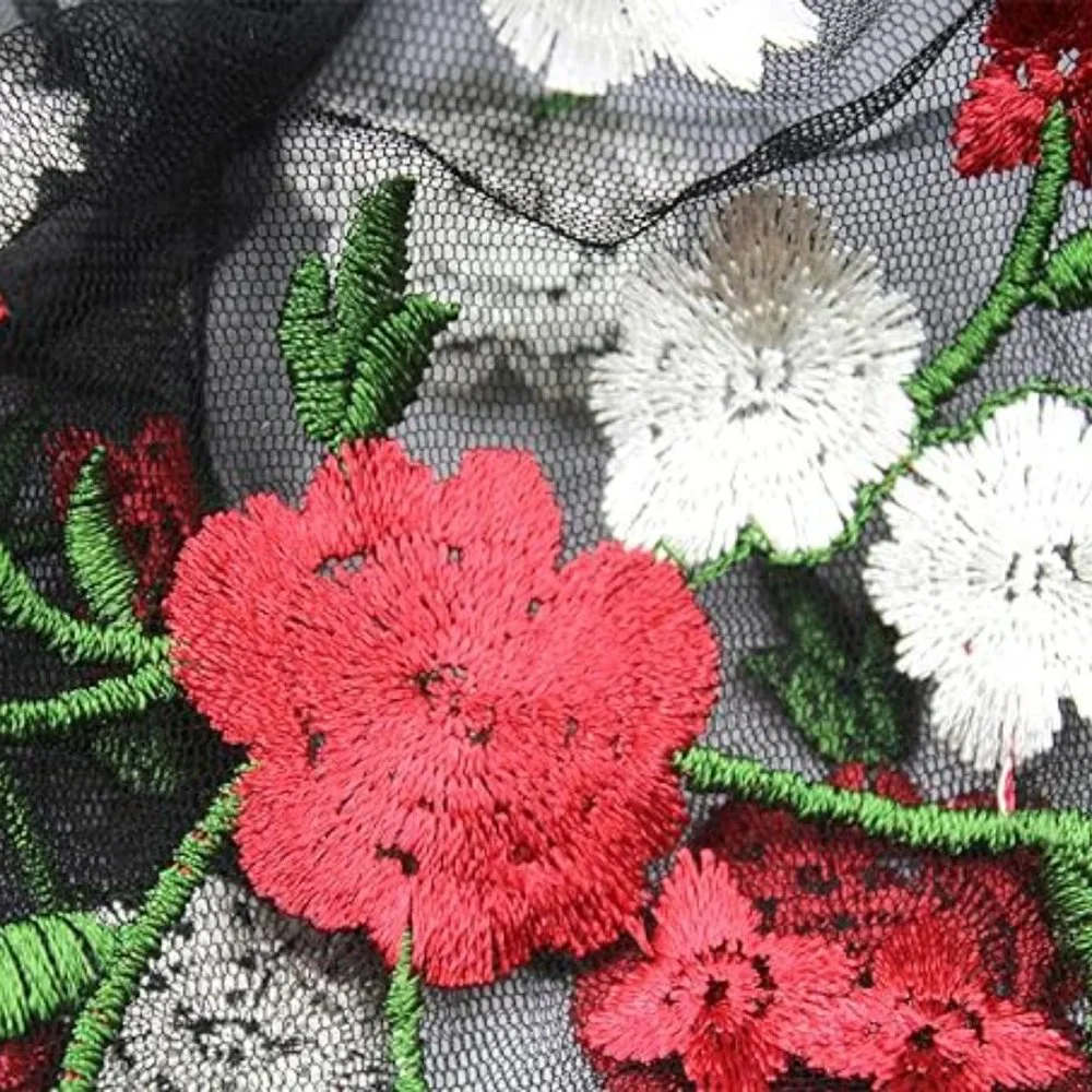 Sexy floral embroidery mesh T-shirt
